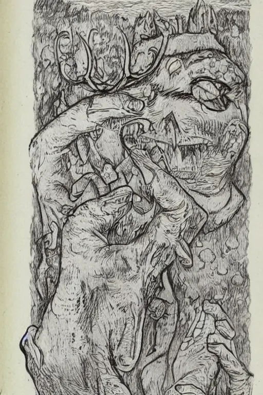 Image similar to disturbing pages from a hand drawn and written grimoire