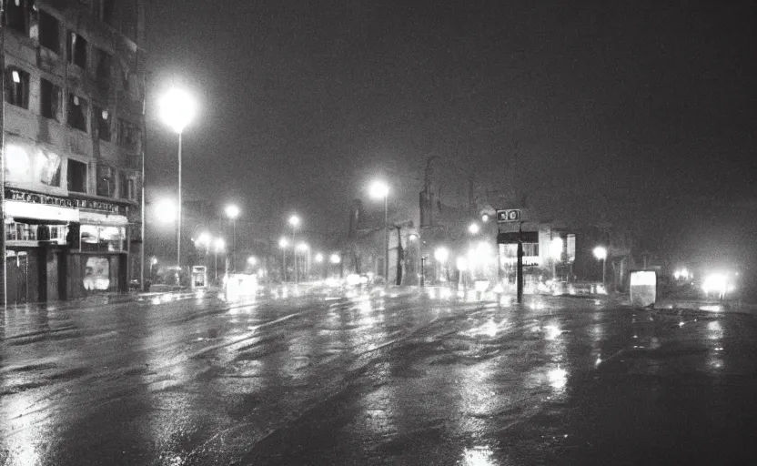 Image similar to 70s movie still of a soviet street from Sarajevo with cars and pedestrian , Cinestill 800t 18mm beuatiful black and white, heavy grainy picture, very detailed, high quality, 4k panoramic, cinematic, neon billboards and streetlight at night, rain, mud, foggy, cloudy