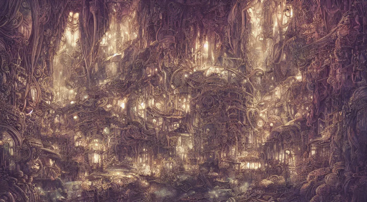 Image similar to pastel colours, don bluth, richard dadd, smooth paper with detailed line work, Mandelbulb, Exquisite detail perfect symmetrical, silver details, hyper detailed, intricate ink illustration, steampunk, smoke, neon lights, starry sky, steampunk city, liquid polished metal, by jesper ejsing