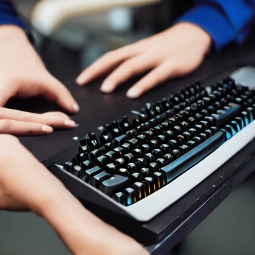 Image similar to Man holding a mechanical keyboard, close up portrait