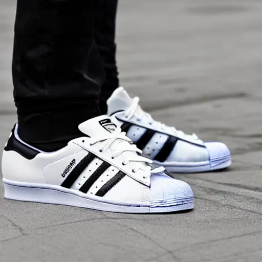 Image similar to adidas superstar shoes, modern technological glowing stripes, sensors in it, realistic photo