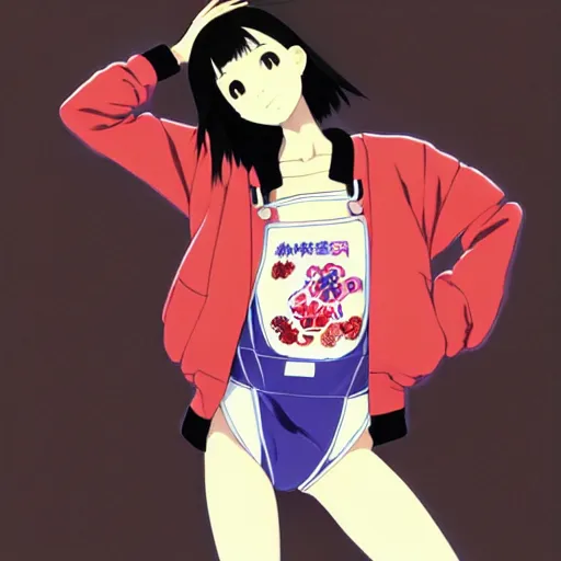 Image similar to a beautiful japanese natalie portman gravure model, wearing oversized native designer bomber jacket and leotard with overalls, bulky poofy bomber jacket with mesoamerican patterns, mesoamerican native street fashion, gapmoe yandere grimdark, trending on pixiv fanbox, painted by greg rutkowski makoto shinkai takashi takeuchi studio ghibli, akihiko yoshida