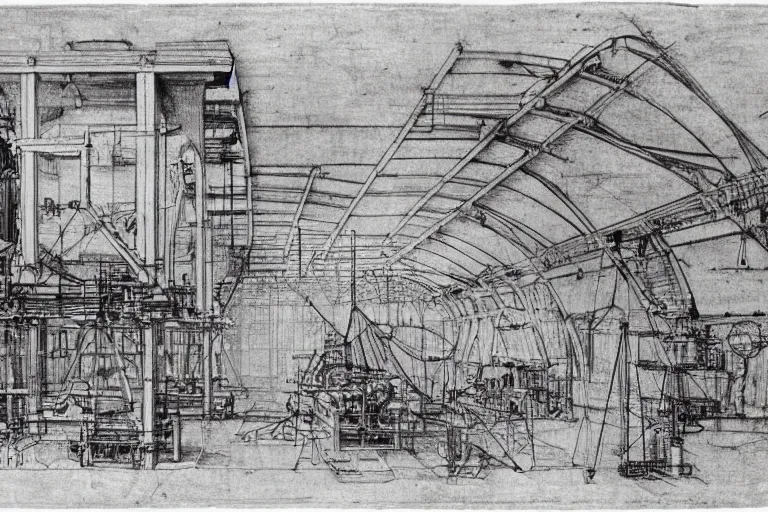 Image similar to a Leonardo DaVinci engineering drawing of an innovation factory powered by the human imagination