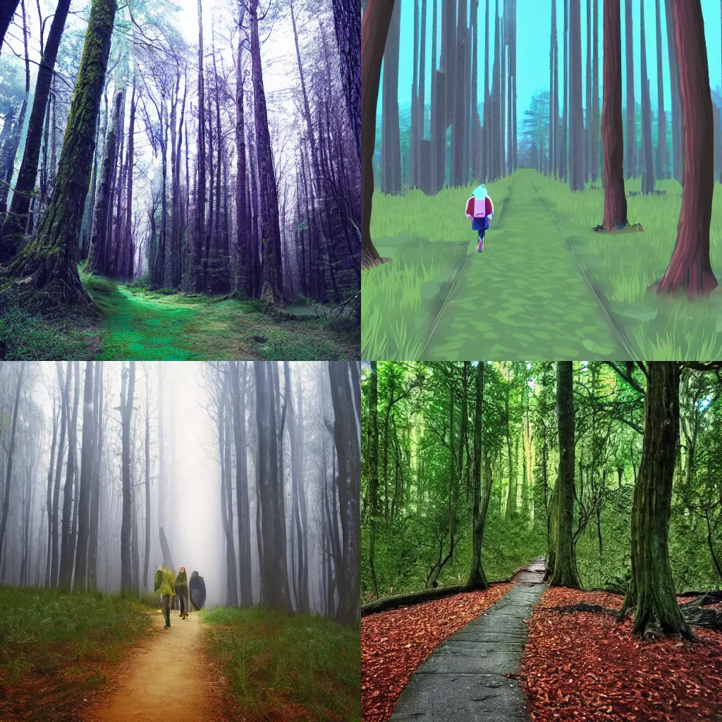 Prompt: walking through the forest, in the style of SalviaDroid