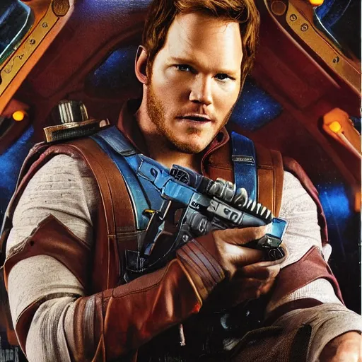 Image similar to the actor chris pratt as star lord posing together with the doll chucky from the movie child's play, inside a starship, oil painting, by greg rutkowski