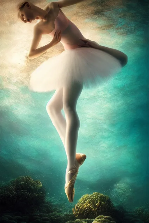 Image similar to stunningly beautiful, ballerina at the bottom of the great barrier reef, smooth, focus, highly detailed, hyper realistic, dramatic lighting, intricate, concept art, art by wlop, mars ravelo