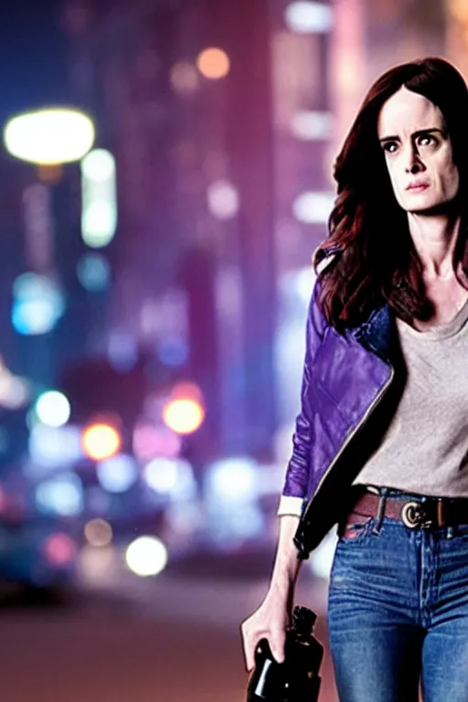 Image similar to photo of jessica jones walking down a nighttime street with a bottle in her right hand