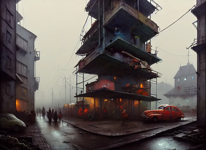 Prompt: waiting in line for cold soup by simon stalenhag and gil elvgren and tom bagshaw and marc simonetti and jan miense molenaer, slums, highly detailed, hyperrealism, dreary, cold, cloudy, grey, smog, high contrast, smogpunk, atompunk, high saturation, intricate complexity