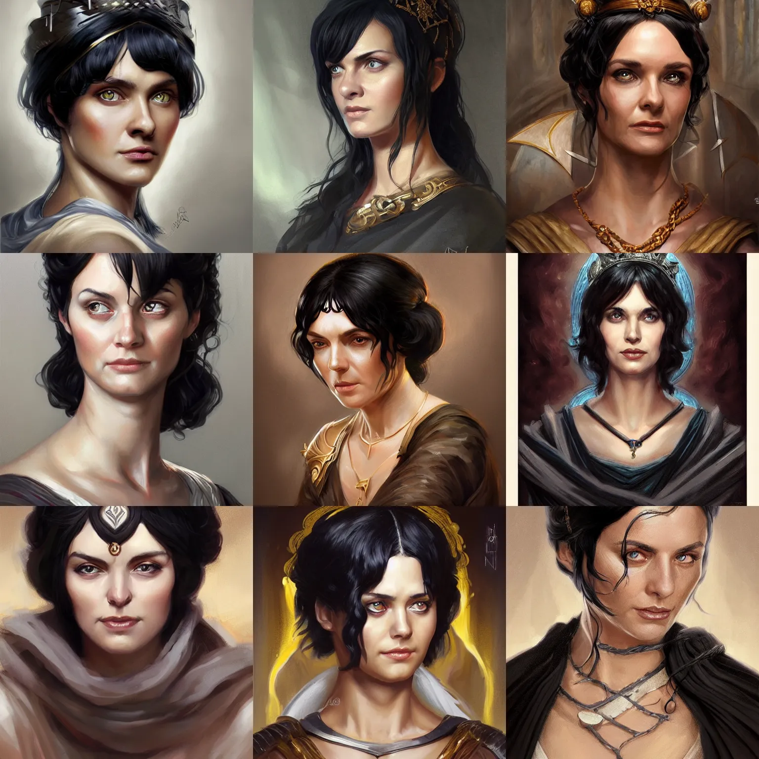 Image similar to hestia, helen mcrory, elderly greek hearth goddess, black hair, tunic, d & d, fantasy, portrait, highly detailed, headshot, digital painting, trending on artstation, concept art, sharp focus, illustration, art by artgerm and greg rutkowski and magali villeneuve