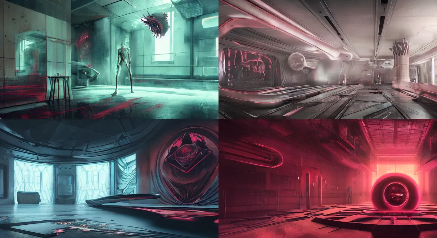 Prompt: satanic sci-fi interior, style of Marco Mazzoni, red pastel colors, futuristic demonic style, depth of field, dynamic cinematic lighting, haze, interior design with soft lighting, extremely detailed, hyperrealistism, mirrors, reflections, ambient occlusion, rendered in octane render, architectural visualization with a lot of detail, volumetric lighting, 8k, unreal engine
