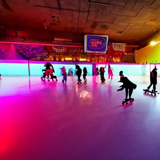 Image similar to people roller skating in a dimly lit roller rink made of cheese