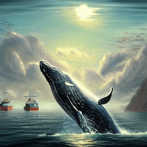 Prompt: floating whale above fishing village, digital art masterpiece by a legendary fantasy movie concept artist