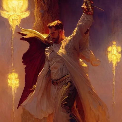 Image similar to attractive male deity casts light spell, summons attractive male lucifer morningstar. highly detailed painting by gaston bussiere, craig mullins, j. c. leyendecker 8 k