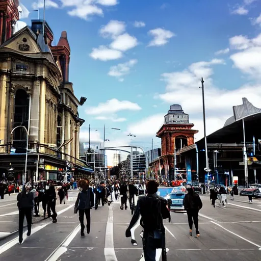 Prompt: a dystopian version of Flinders Street Melbourne Australia, robots in the street.