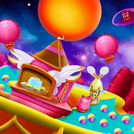 Image similar to Howl's Moving Candy Castle In Space With Flying Pigs