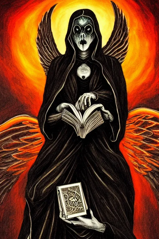 Image similar to dark angel holding a book of necronomicon, tarot card, illustration by lady frieda harris, symmetrical, cinematic, sharp focus, 4 k, ultra hd, sense of awe, sinister demonic atmosphere, dreadful, forbidden knowledge, old gods. demonology