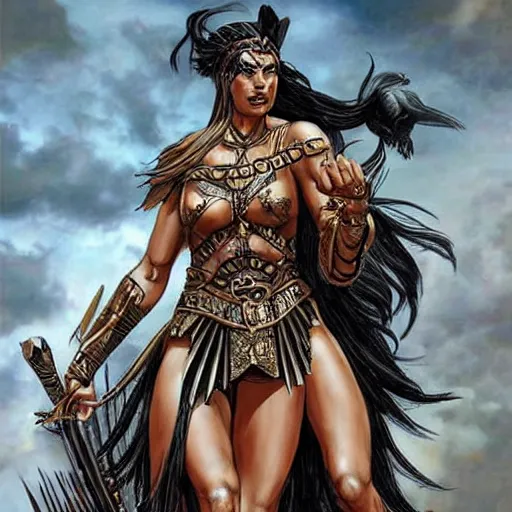 Prompt: greek amazon warrior, a tall beautiful dignified woman with bronzed skin, long raven hair, dressed head to toe in hellenistic armour, detailed features, intricate, elegant, highly detailed, smooth, sharp focus, detailed face, high contrast, graphic novel, art by ardian syaf,
