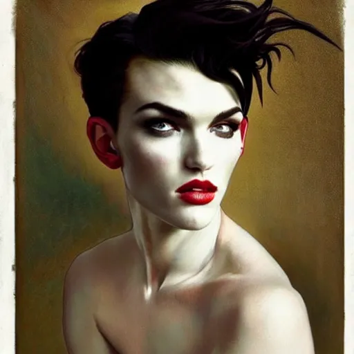 Image similar to tempting portrait of androgynous ruby rose as desire from sandman in a white tuxedo!!!, rockabilly style,, by alphonse mucha, by jeremy mann, by peter lindbergh, dave mckean, by frank moth, white suit and black tie, soft lightning, high detailed, 8 k