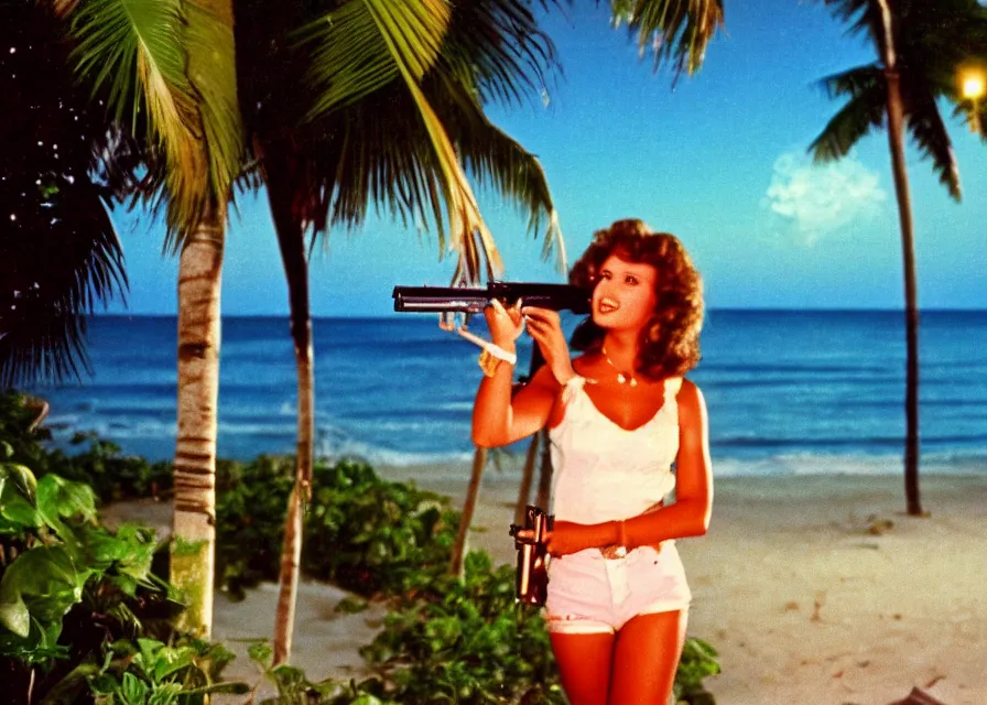 Prompt: 1 9 8 6 vintage movie screencap of a girl with a gun on a narco mansion, gucci clothes, night sky, beach and tropical vegetation on the background, 1 9 8 6 photo