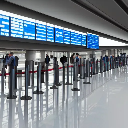 Image similar to 8 k hd detailed octane render of the security line at an airport