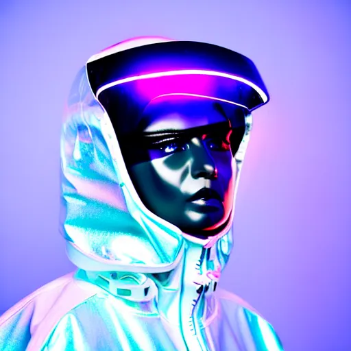 Image similar to an ultra high definition professional studio quality photograph of an artificial celebrity cyberpunk pop star wearing a transparent iridescent perspex pastel coloured face visor and matching raincoat on white coat hook in an icelandic black rock environment. dramatic lighting. volumetric shadows. light rays