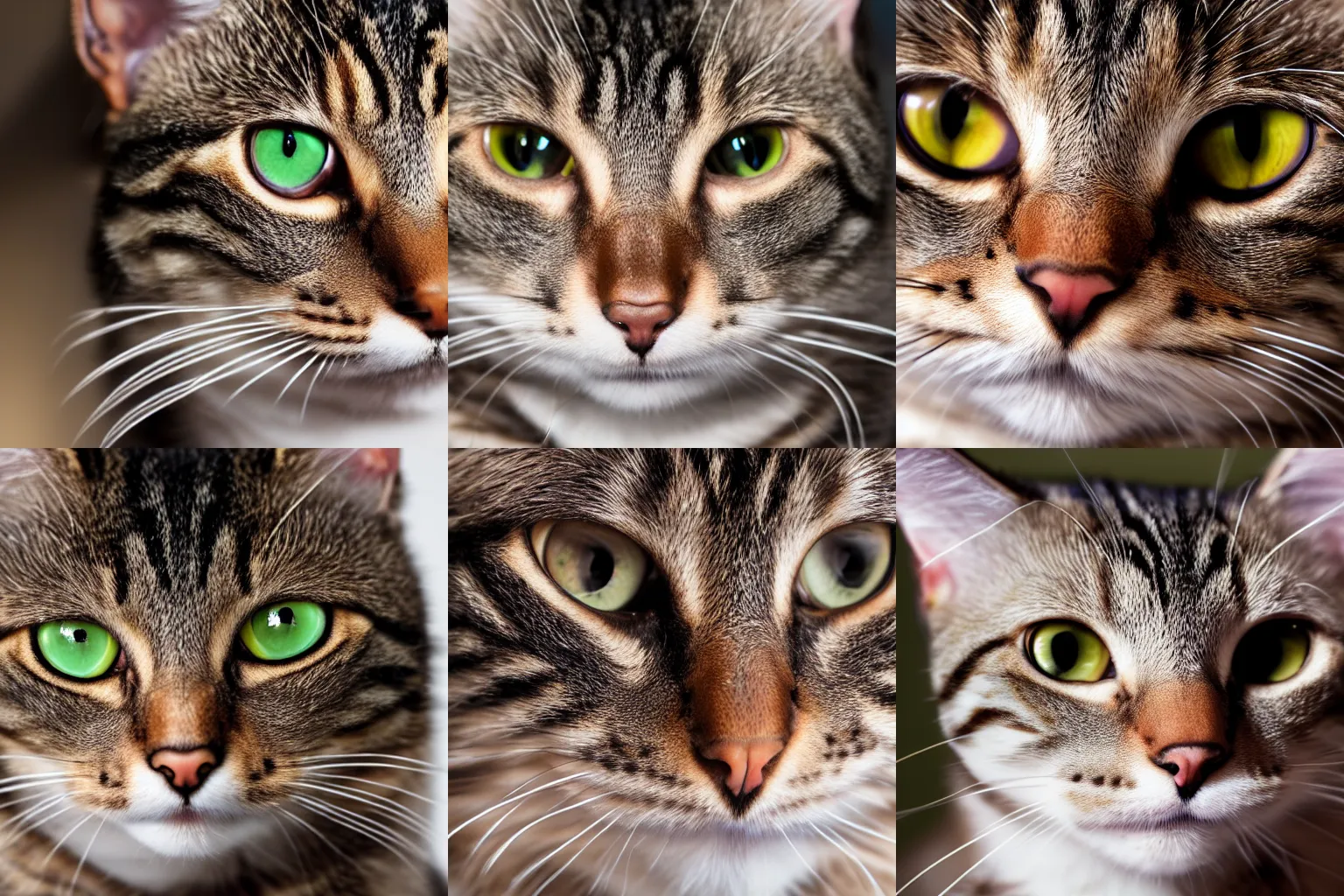 Prompt: extreme close-up portrait of a tabby cat looking into the camera, studio lighting