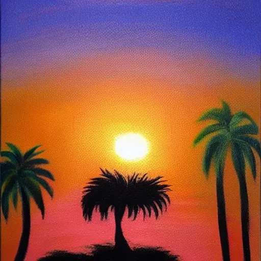 Prompt: oil painting of a palm tree silhouette against a pastel sunset