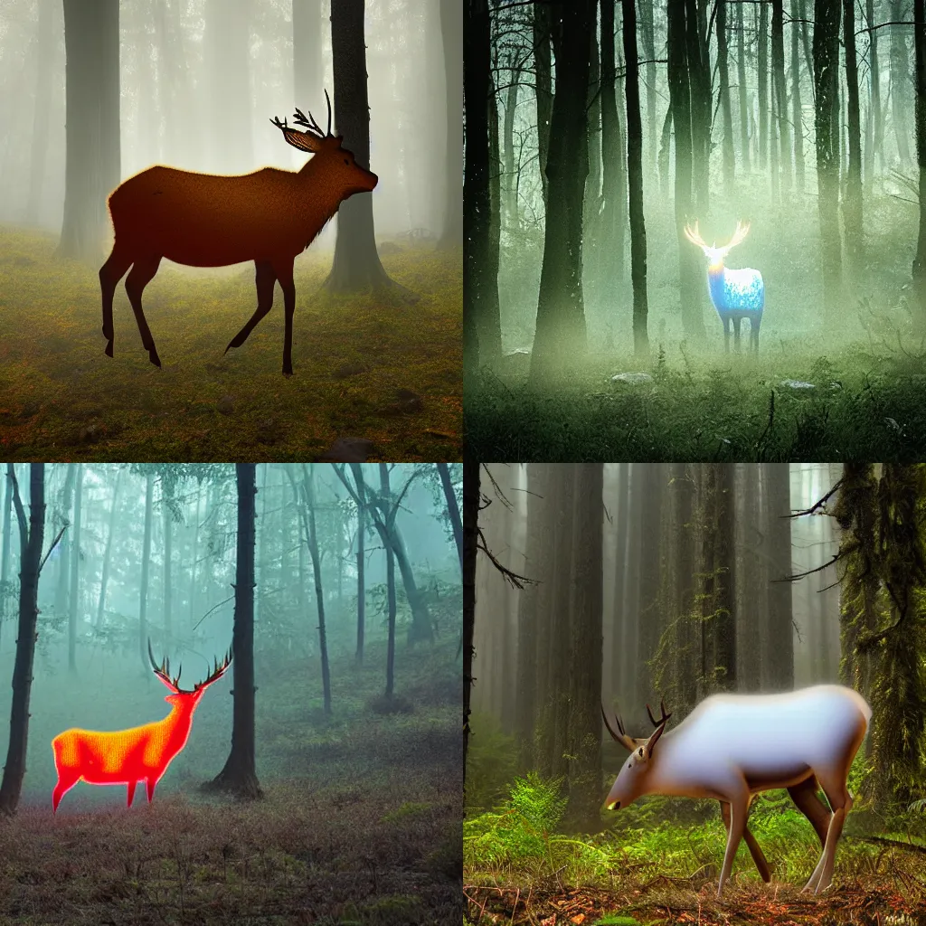 Prompt: translucent opalescent elk in the misty forest