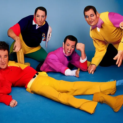 Prompt: the wiggles murder mystery, jeff is on the ground, high resolution photograph, wide angle,