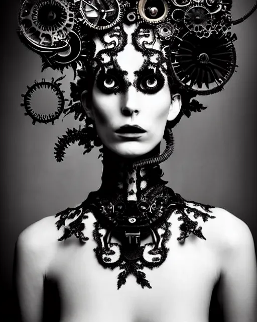 Image similar to surreal dark poetic black and white photo portrait of complex bio-mechanical beautiful young silver female vegetal-cyborg with a Mandelbrot fractal steampunk metal fine lace face, a very long neck and a fine metal floral foliage super big lace collar by Alexander McQueen:: smoke, high fashion, haute couture, rococo, steampunk, silver filigree details, anatomical, facial muscles, cable wires, microchip, elegant, dreamy, foggy atmosphere, hyper realistic, 150 mm lens, soft rim light, octane render, unreal engine, picture was taken in 1910 by Man Ray, volumetric lighting, dramatic light,8k,