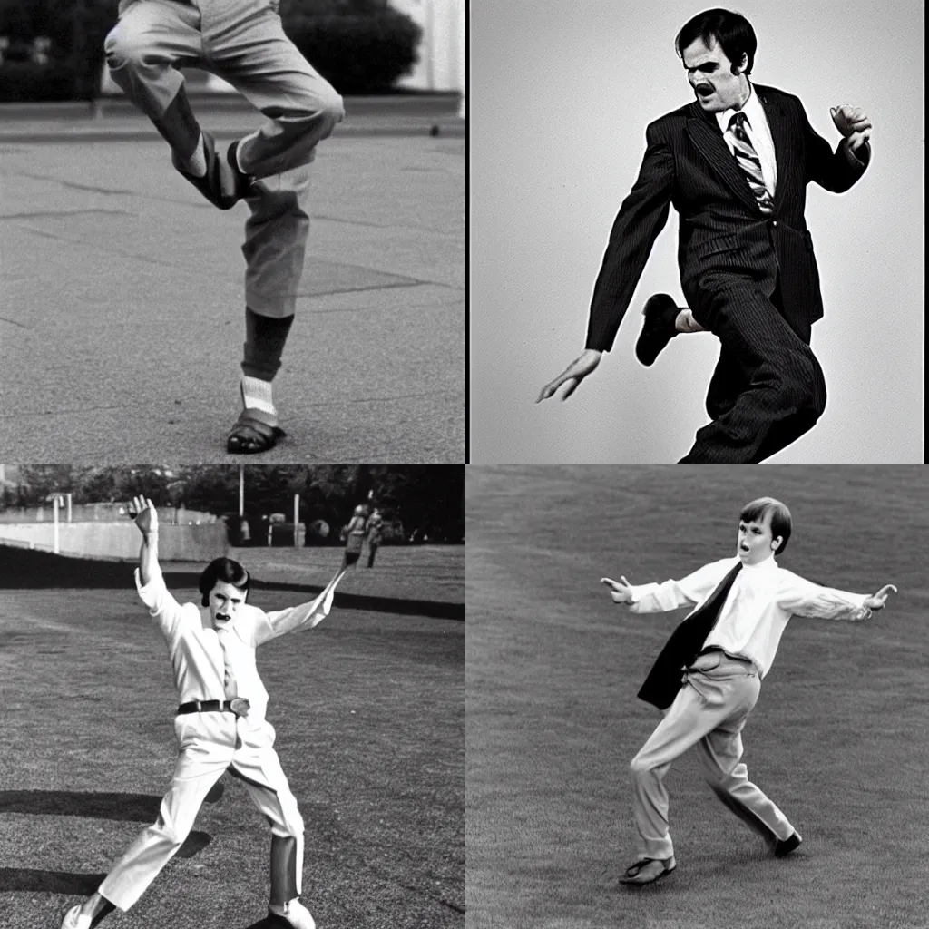 Prompt: young john cleese doing an extremely silly walk, black and white, hyperrealistic, hyperdetailed, award winning, funny