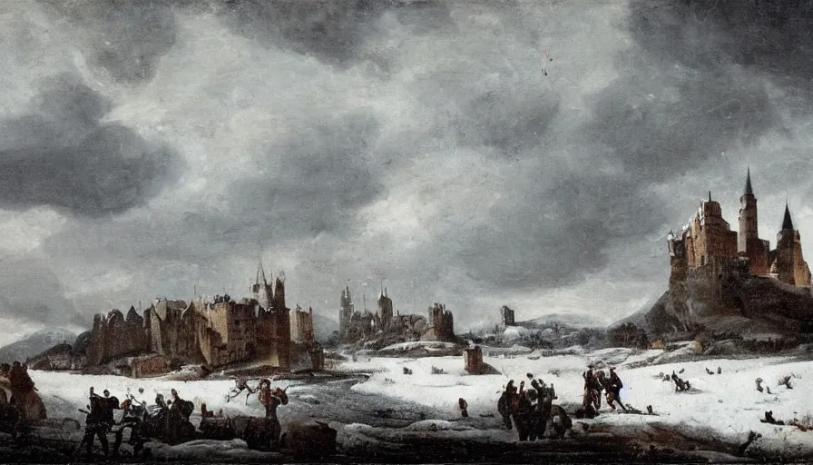 Prompt: huge castle upon a hill covered in snow with a dark cloudy stormy sky, striking landscape, dramatic scene during the first anglo - dutch war painted by jan beerstraaten