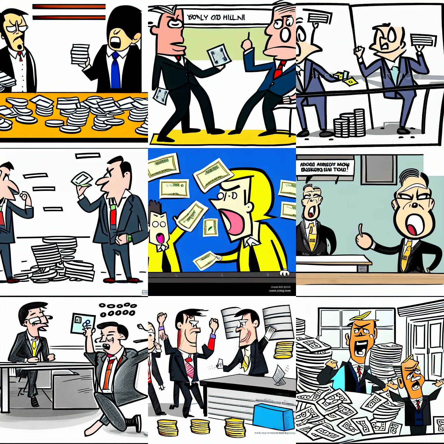 Prompt: angry business man yells across a desk at annother man. Piles of money. Cartoon, Line drawing, Doug Hill Style