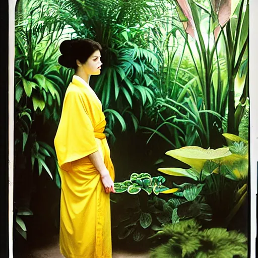 Image similar to Medium format photograph of an perfect woman wearing a yellow kimono in a tropical greenhouse, by james gurney, by john william waterhouse