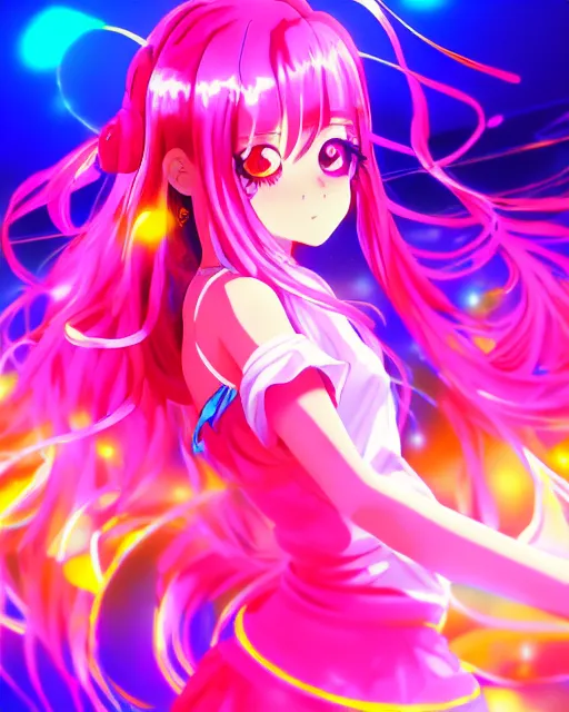 Prompt: anime style, vivid, expressive, full body, 4 k, painting, a cute magical girl idol with a long wavy colorful hair wearing a colorful dress, correct proportions, stunning, realistic light and shadow effects, neon lights, studio ghibly makoto shinkai yuji yamaguchi, wlop