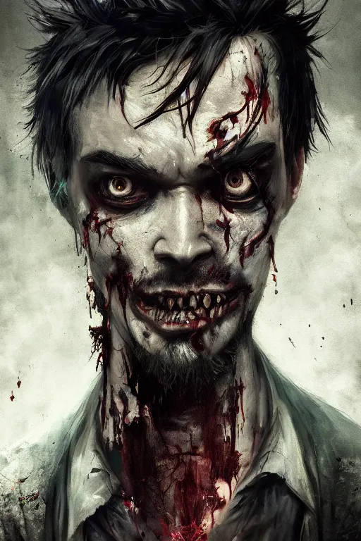 Image similar to A fancy portrait of a zombified jacksepticeye by Greg Rutkowski, Sung Choi, Mitchell Mohrhauser, Maciej Kuciara, Johnson Ting, Maxim Verehin, Peter Konig, Bloodborne, 8k photorealistic, cinematic lighting, HD, high details, dramatic, dark atmosphere, trending on artstation