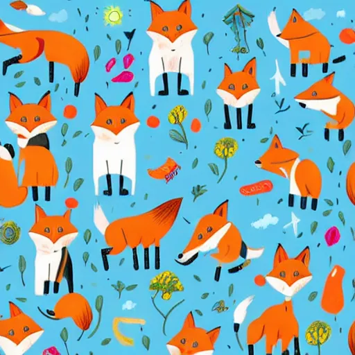 Prompt: full scene, children book illustration, fox, white background