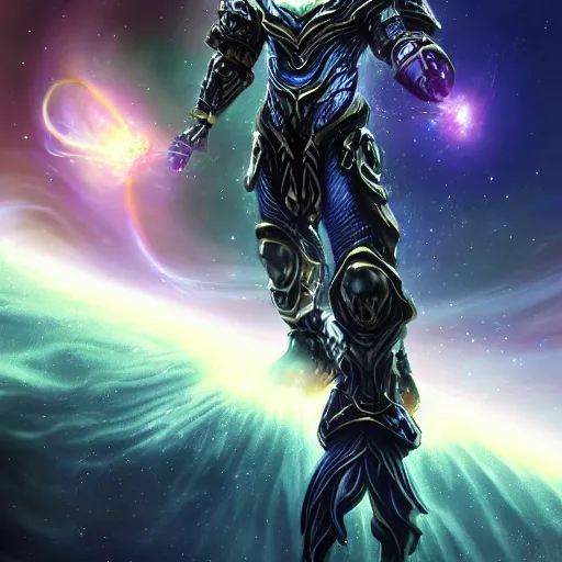 Image similar to photorealistic fantasy cosmic concept art of a cosmic god with armor made out of planets and dark matter, hovering in a unknown galaxy, fully body portrait, cinematic, dynamic lighting, ultra detailed, creative, trending on art station, creative