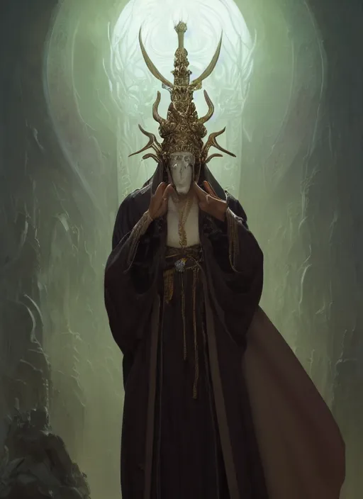 Prompt: slender high priest in a dark ornate robe with a carved ivory headpiece, subsurface scattering, by jesper ejsing, justin gerard, tomasz alen kopera, cgsociety and fenghua zhong, highly detailed, rim light, cinematic lighting, illustration, art, octane render, very coherent, cinematic, high detail, octane render, 8 k