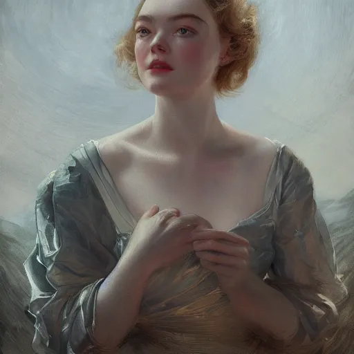 Prompt: leyendecker and peter paul rubens, head and shoulders portrait of a elle fanning in the world of andrew wyeth, nighttime, starry sky, unreal engine, fantasy art by global illumination, radiant light, detailed and intricate environment