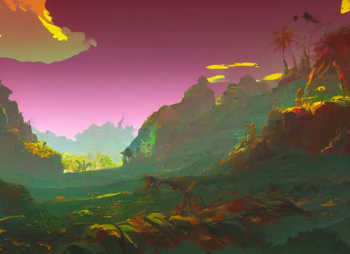 Prompt: concept art of a landscape made of bananas, cel shaded, in the style of makoto shinkai and moebius and peter mohrbacher and anton fadeev