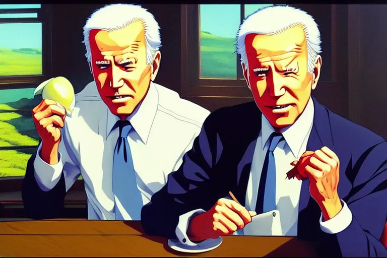 Prompt: anime key visual of joe biden eating all of the carbon credits, style of jamie wyeth james gilleard edward hopper greg rutkowski acrylic painting, preserved museum piece, historical