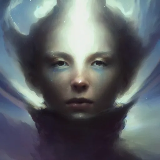 Image similar to cinematic shot epic portrait an giant face in space, stars, glowing, dark, beautiful, broad light, ambient occlusion, volumetric light effect, made by ivan aivazovsky, peter mohrbacher, greg rutkowski, matte painting, trending on artstation, 4 k, perfectly defined features, digital painting, cinematic, epic, highly detailed,