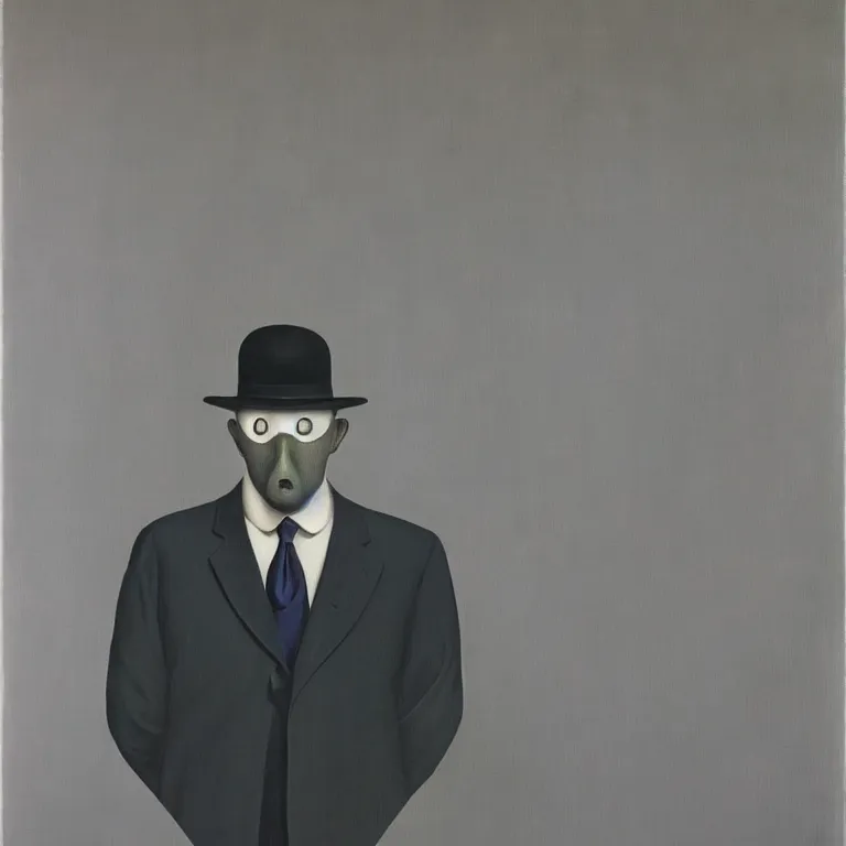 Image similar to portrait of a ghost in a suit, by rene magritte, detailed painting, hd, hq, high resolution, high detail, 4 k, 8 k