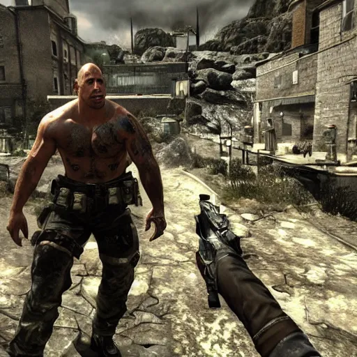 Prompt: dwayne the rock johnson, dwayne the rock johnson in the call of duty zombies map der reise, black ops 2 der reise, screenshot