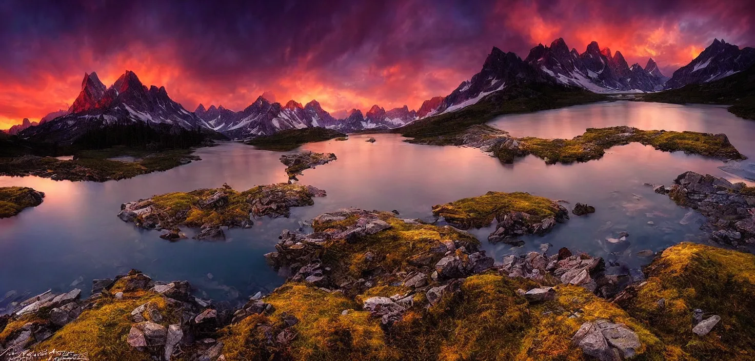 Image similar to amazing landscape photo of mountains with lake in sunset by marc adamus, beautiful dramatic lighting