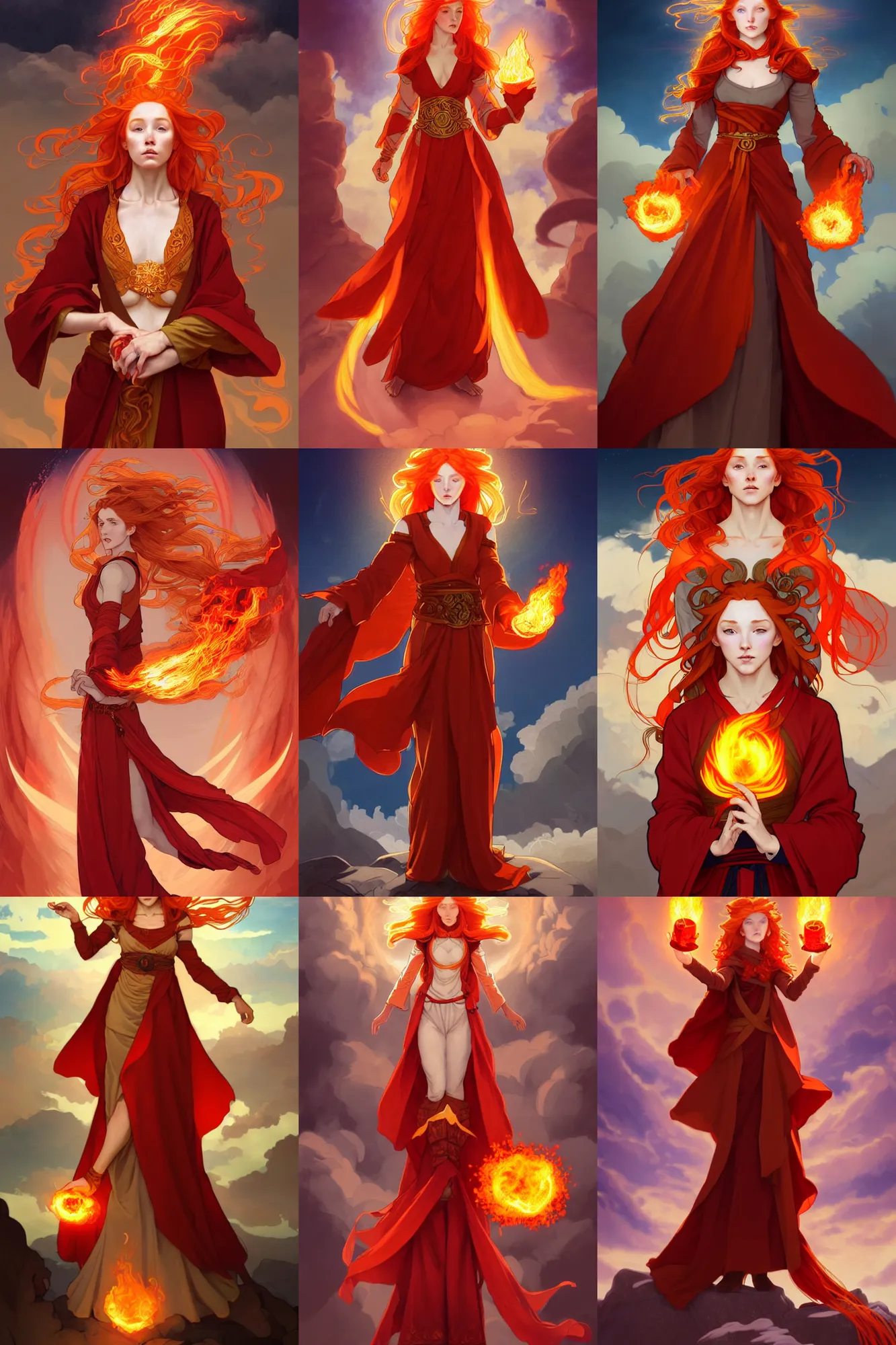 Prompt: a beautiful fire bender mage girl holding a fireball, ginger hair with freckles, wearing long flowing red robes inspired by alphonse mucha, standing on a mountain top with epic clouds and godlike lighting, intricate illustration and highly detailed digital painting. concept art by artgerm. inspired by brom art and larry elmore.