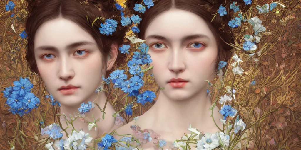 Image similar to breathtaking detailed concept art painting portrait of the goddess of nemophila flowers, orthodox saint, with anxious piercing eyes, ornate background, amalgamation of leaves and flowers, by hsiao - ron cheng, extremely moody lighting, 8 k