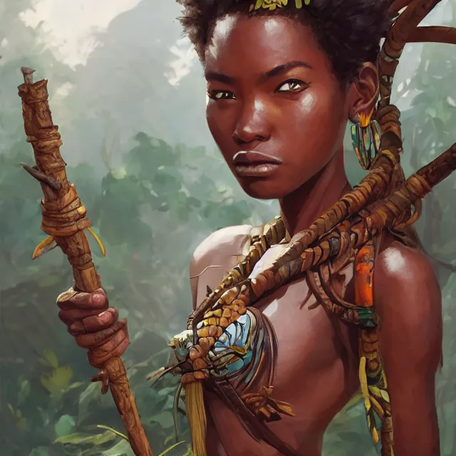 a female tribal warrior in the jungle, african. By