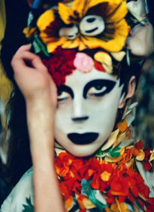 Prompt: a fashion portrait photograph of a woman wearing a flower mask designed by pablo picasso, 3 5 mm, color film camera,